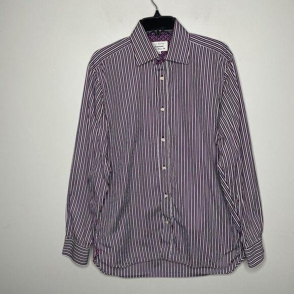 TED BAKER Shirt Mens 15.5 Endurance Purple Striped Floral Trim Dress Classic-Fit - Picture 1 of 7